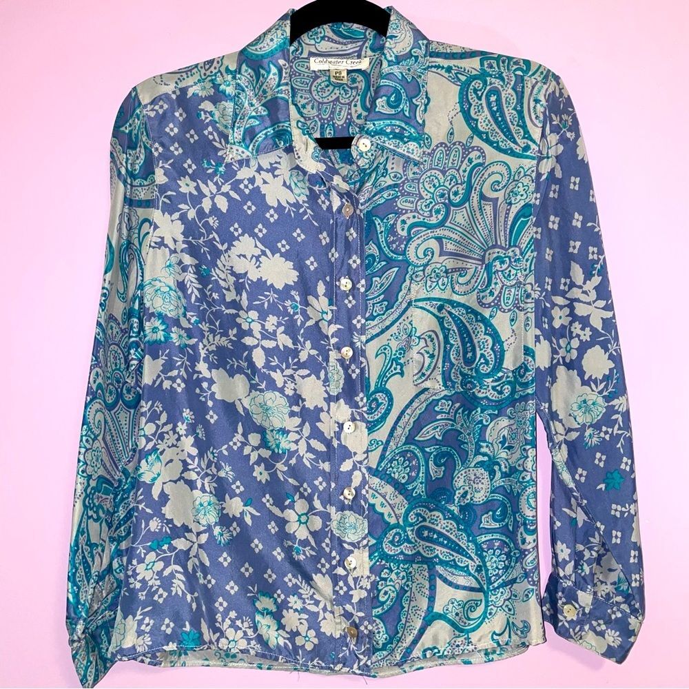 Coldwater Creek 100% Silk Blouse Blue Mixed Boho Prints Button Collar PS
